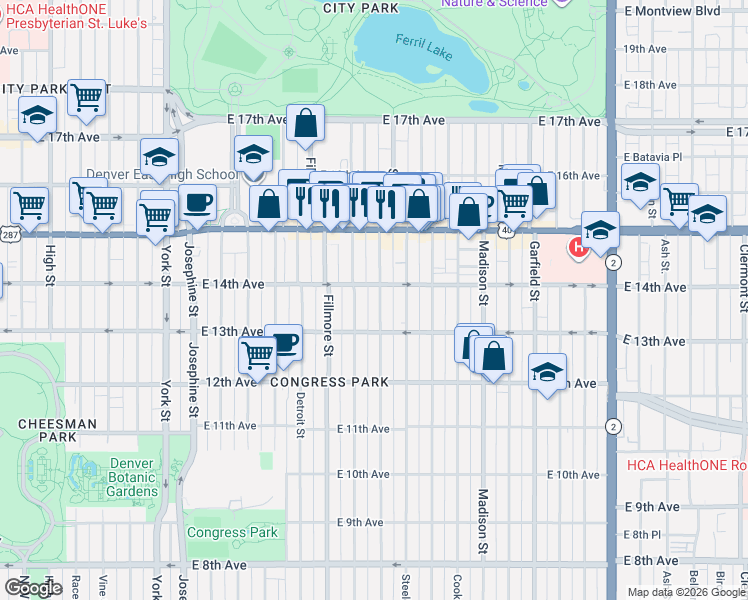 map of restaurants, bars, coffee shops, grocery stores, and more near 1362 Saint Paul Street in Denver