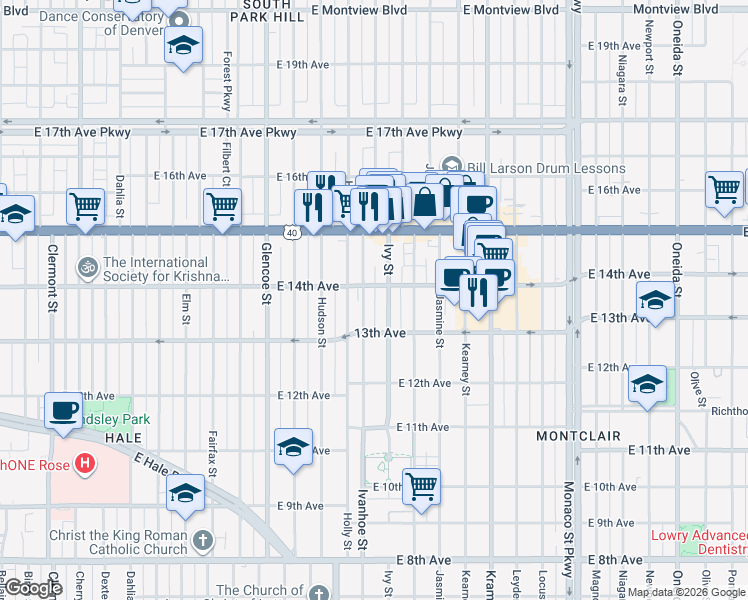 map of restaurants, bars, coffee shops, grocery stores, and more near 1380 Ivy Street in Denver