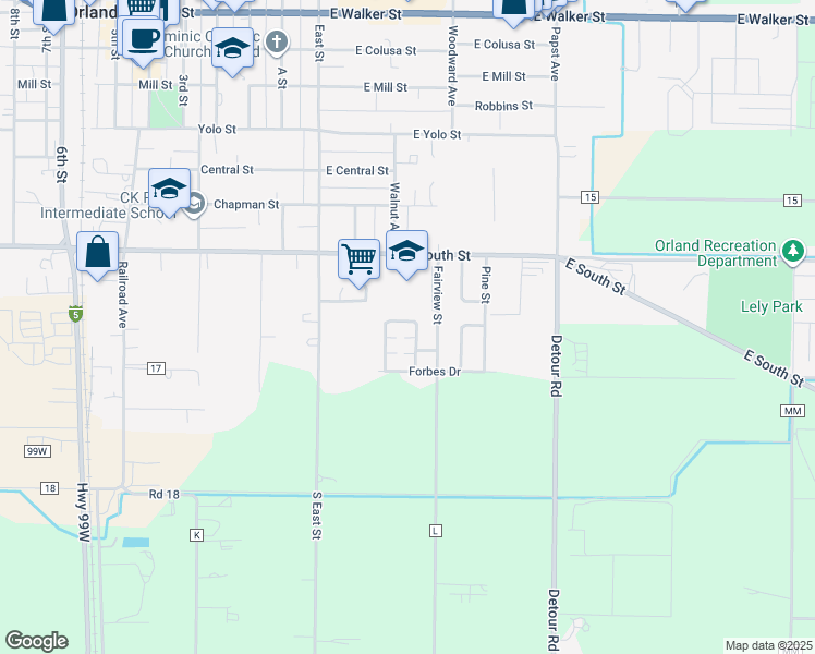map of restaurants, bars, coffee shops, grocery stores, and more near 1346 Edith Circle in Orland