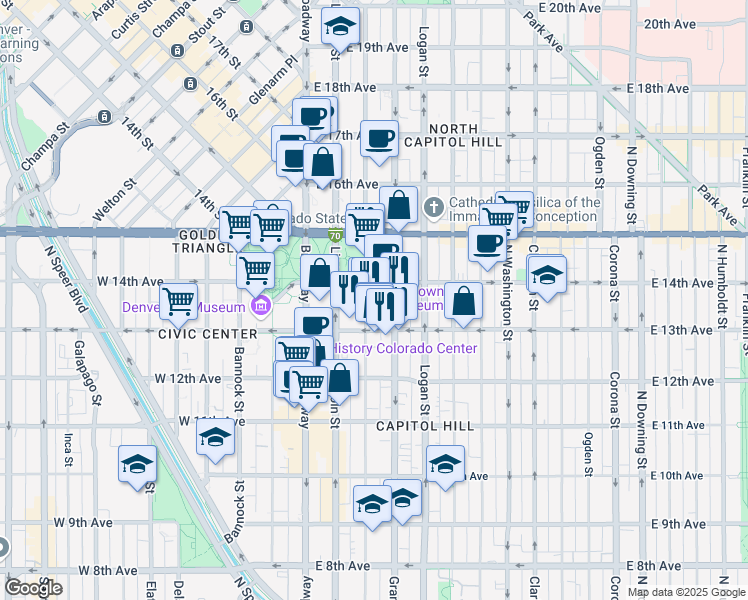 map of restaurants, bars, coffee shops, grocery stores, and more near 1350 Sherman Street in Denver
