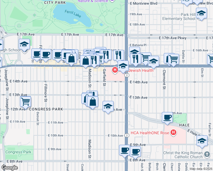 map of restaurants, bars, coffee shops, grocery stores, and more near 1373 Jackson Street in Denver