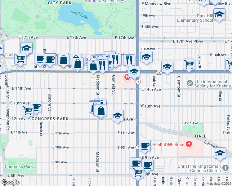map of restaurants, bars, coffee shops, grocery stores, and more near 1366 Garfield Street in Denver
