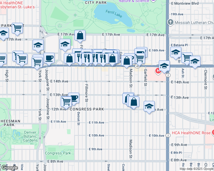 map of restaurants, bars, coffee shops, grocery stores, and more near 1357 Steele Street in Denver