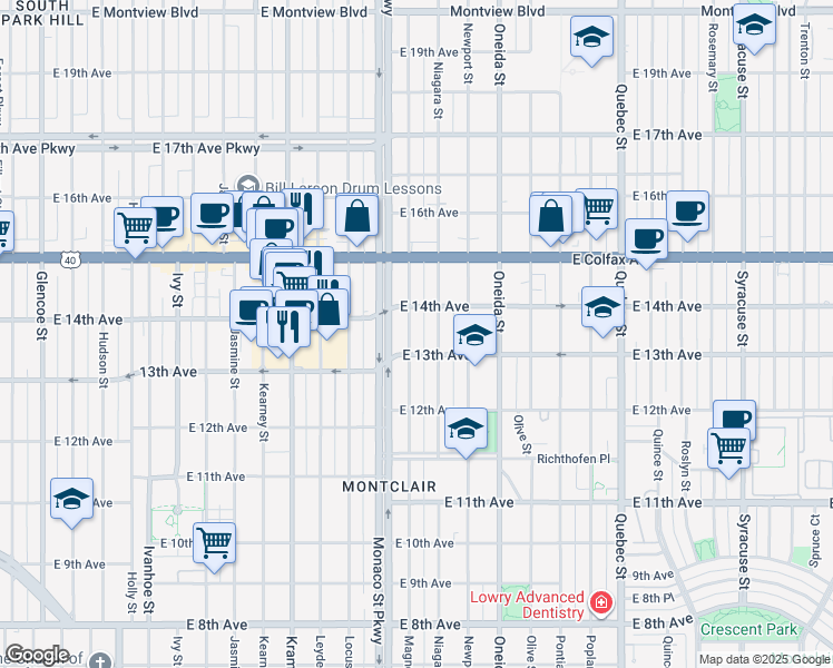 map of restaurants, bars, coffee shops, grocery stores, and more near 1330 Magnolia Street in Denver