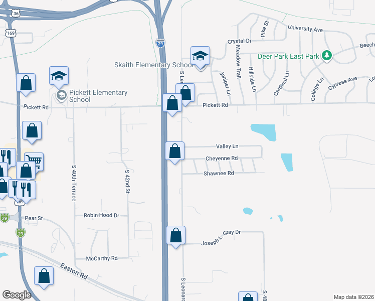 map of restaurants, bars, coffee shops, grocery stores, and more near 4508 Valley Lane in Saint Joseph