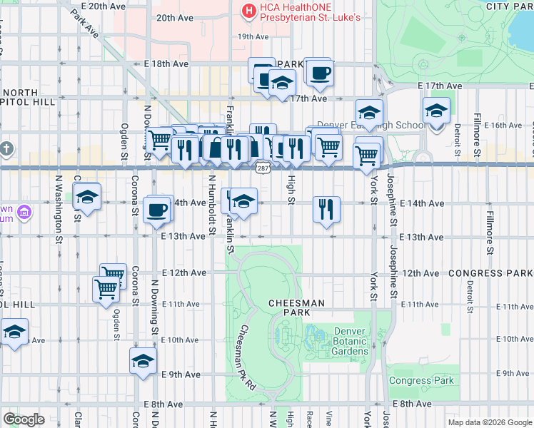 map of restaurants, bars, coffee shops, grocery stores, and more near 1368 Gilpin Street in Denver