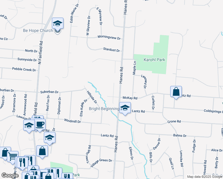 map of restaurants, bars, coffee shops, grocery stores, and more near 1671 North Laddie Court in Dayton