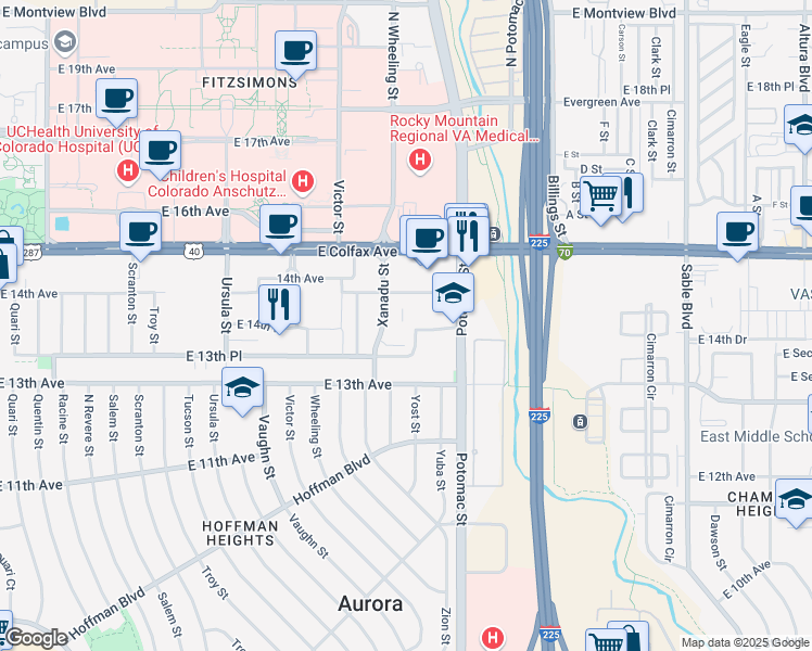 map of restaurants, bars, coffee shops, grocery stores, and more near 1395 Yost Street in Aurora