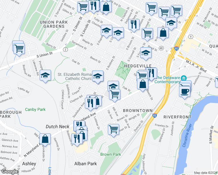 map of restaurants, bars, coffee shops, grocery stores, and more near 824 South Broom Street in Wilmington