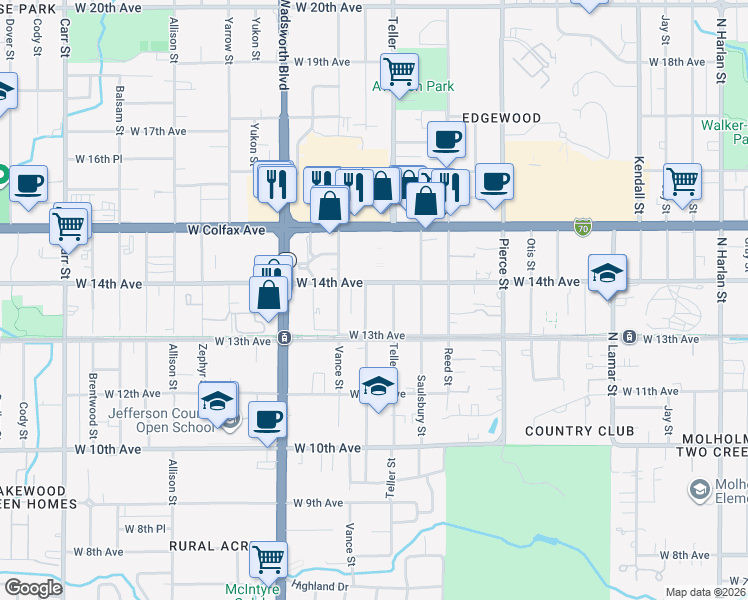 map of restaurants, bars, coffee shops, grocery stores, and more near 1383 Upham Street in Lakewood
