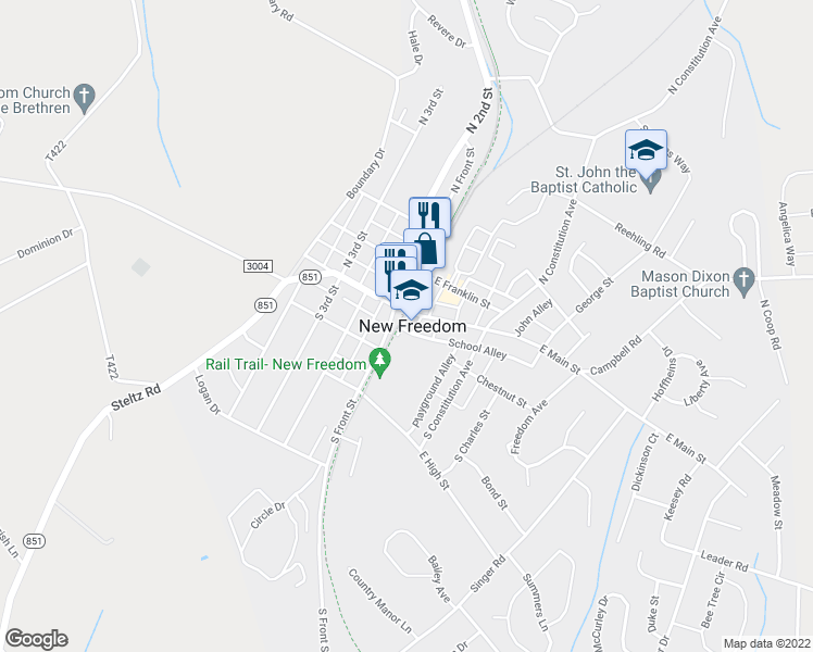 map of restaurants, bars, coffee shops, grocery stores, and more near 200 Railroad Avenue in New Freedom