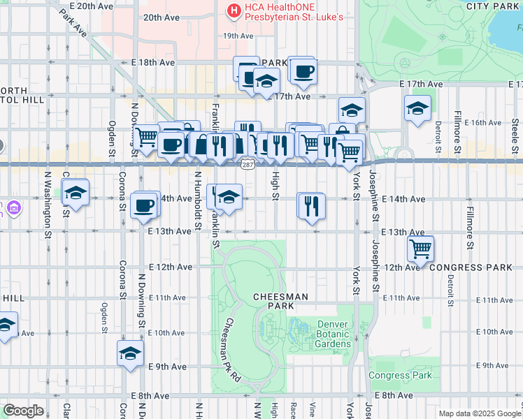 map of restaurants, bars, coffee shops, grocery stores, and more near 1360 North Williams Street in Denver