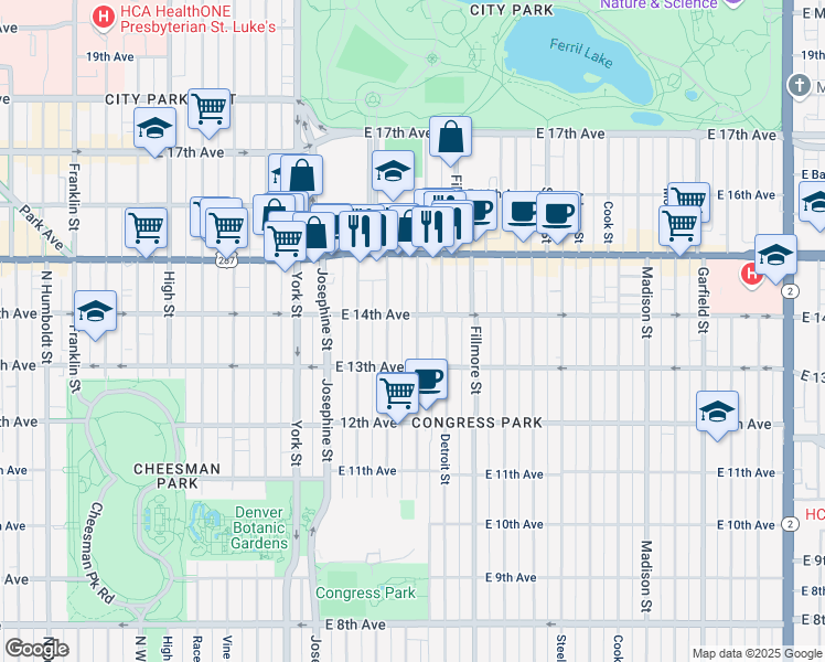 map of restaurants, bars, coffee shops, grocery stores, and more near 1363 Clayton Street in Denver