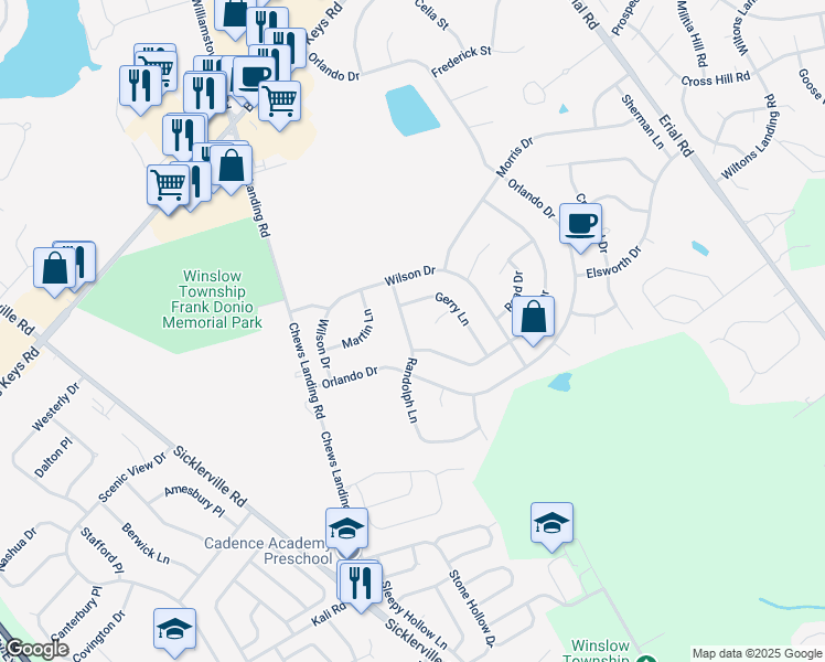 map of restaurants, bars, coffee shops, grocery stores, and more near 15 Randolph Lane in Sicklerville
