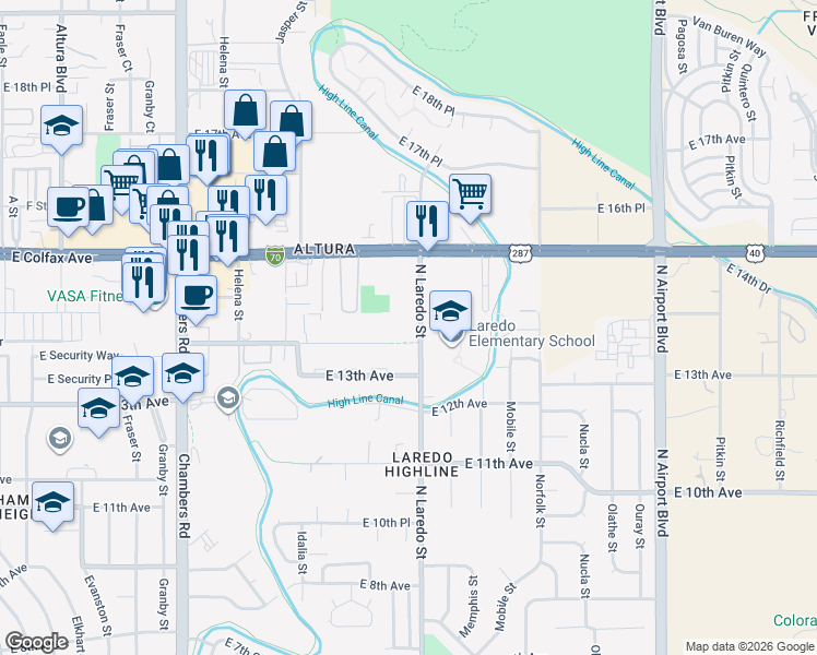 map of restaurants, bars, coffee shops, grocery stores, and more near 1400 Laredo Street in Aurora