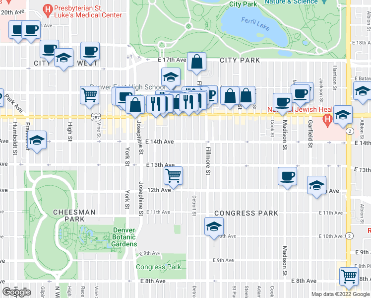 map of restaurants, bars, coffee shops, grocery stores, and more near 1362 Clayton Street in Denver