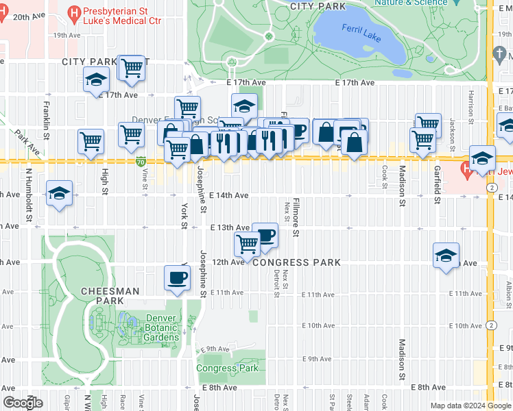map of restaurants, bars, coffee shops, grocery stores, and more near 1362 Clayton Street in Denver