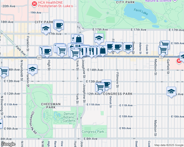 map of restaurants, bars, coffee shops, grocery stores, and more near 1369 Columbine Street in Denver