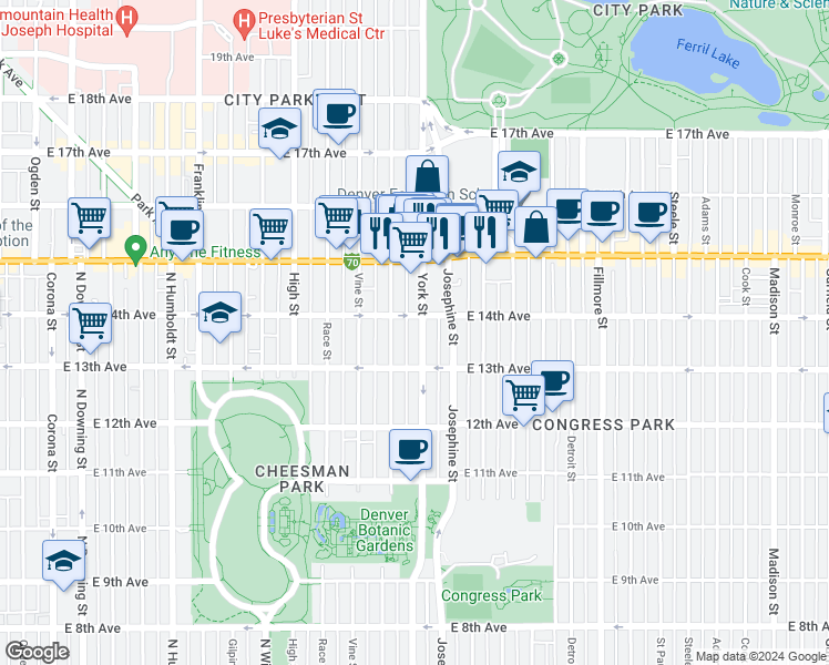 map of restaurants, bars, coffee shops, grocery stores, and more near 1364 York Street in Denver