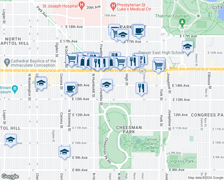map of restaurants, bars, coffee shops, grocery stores, and more near 1368 Gilpin Street in Denver