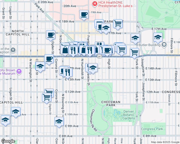 map of restaurants, bars, coffee shops, grocery stores, and more near 1328 Franklin Street in Denver