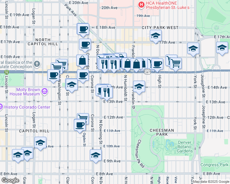 map of restaurants, bars, coffee shops, grocery stores, and more near 1362 North Marion Street in Denver