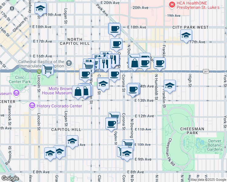 map of restaurants, bars, coffee shops, grocery stores, and more near 700 Colorado Boulevard in Denver
