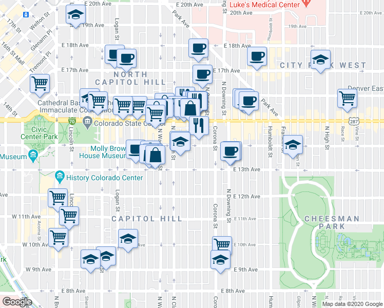 map of restaurants, bars, coffee shops, grocery stores, and more near 700 Colorado Boulevard in Denver