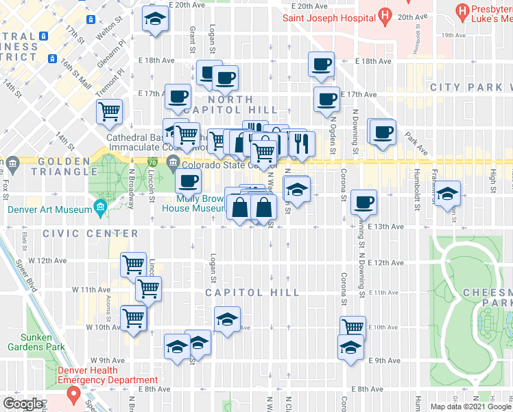 map of restaurants, bars, coffee shops, grocery stores, and more near 1365 North Washington Street in Denver