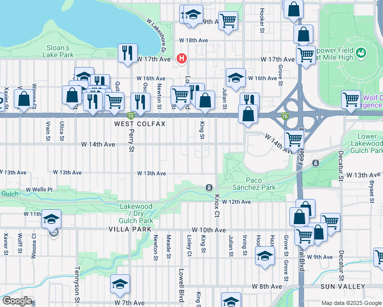 map of restaurants, bars, coffee shops, grocery stores, and more near in Denver