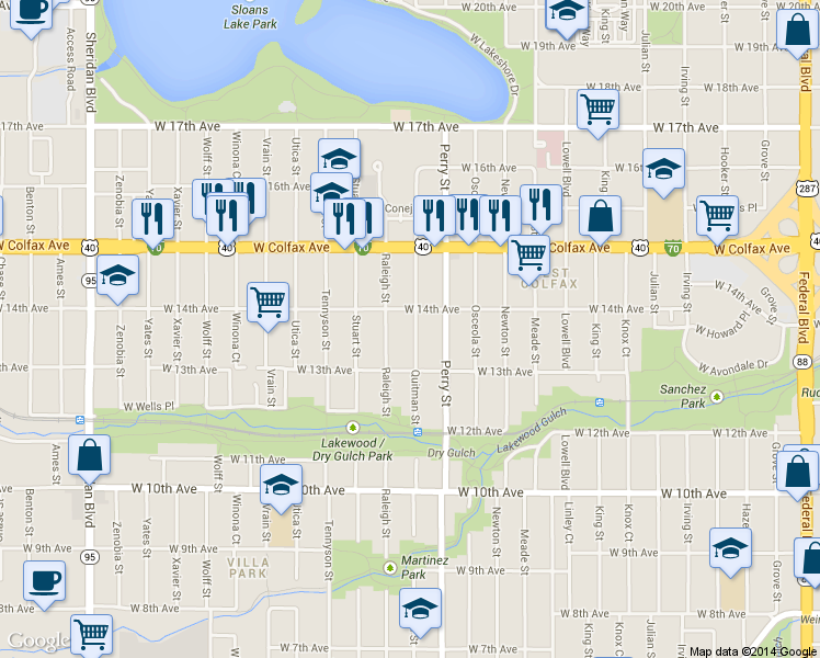 map of restaurants, bars, coffee shops, grocery stores, and more near 1365 Quitman Street in Denver