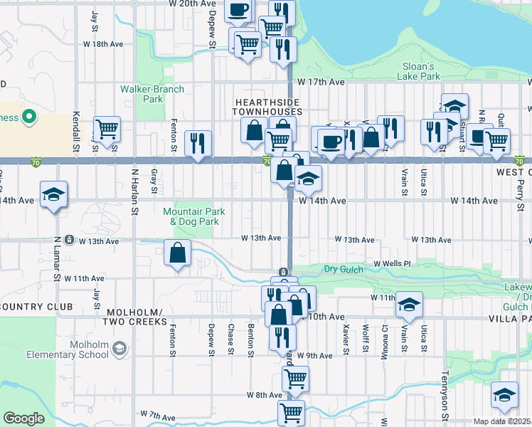 map of restaurants, bars, coffee shops, grocery stores, and more near in Lakewood
