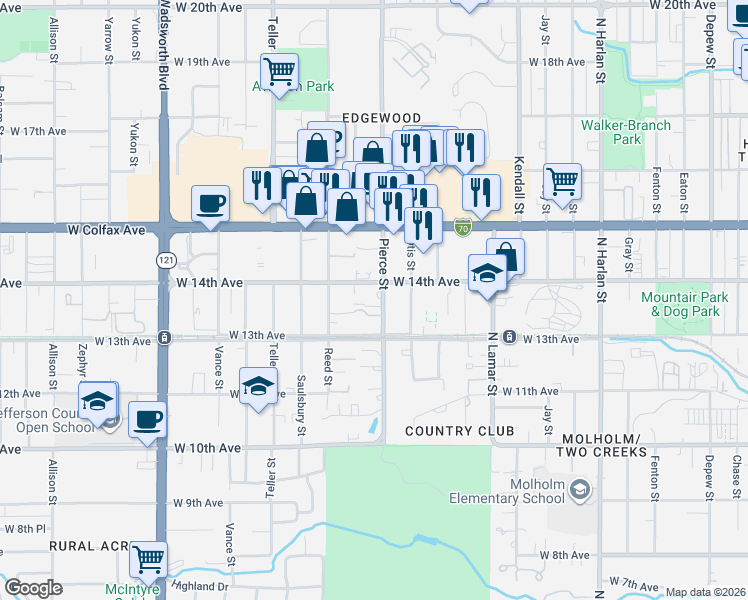 map of restaurants, bars, coffee shops, grocery stores, and more near in Lakewood
