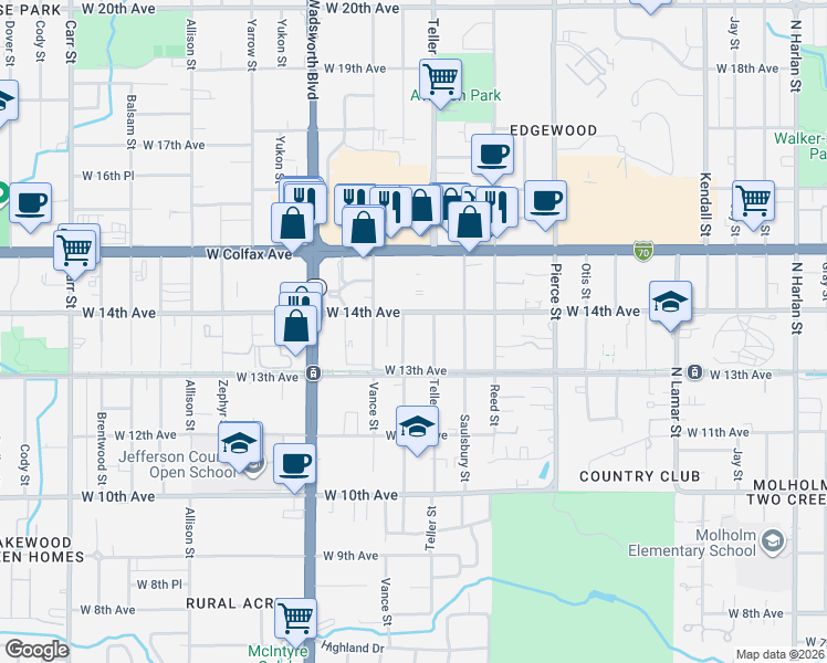 map of restaurants, bars, coffee shops, grocery stores, and more near 1383 Upham Street in Lakewood