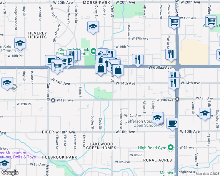 map of restaurants, bars, coffee shops, grocery stores, and more near 8470 West 14th Avenue in Lakewood