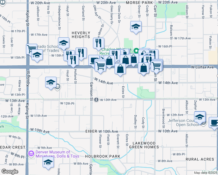 map of restaurants, bars, coffee shops, grocery stores, and more near 1375 Everett Court in Lakewood