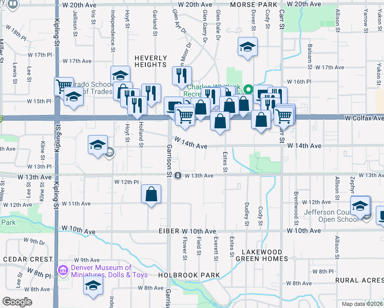 map of restaurants, bars, coffee shops, grocery stores, and more near 1388 Garrison Street in Lakewood