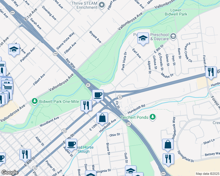 map of restaurants, bars, coffee shops, grocery stores, and more near 1476 East 8th Street in Chico