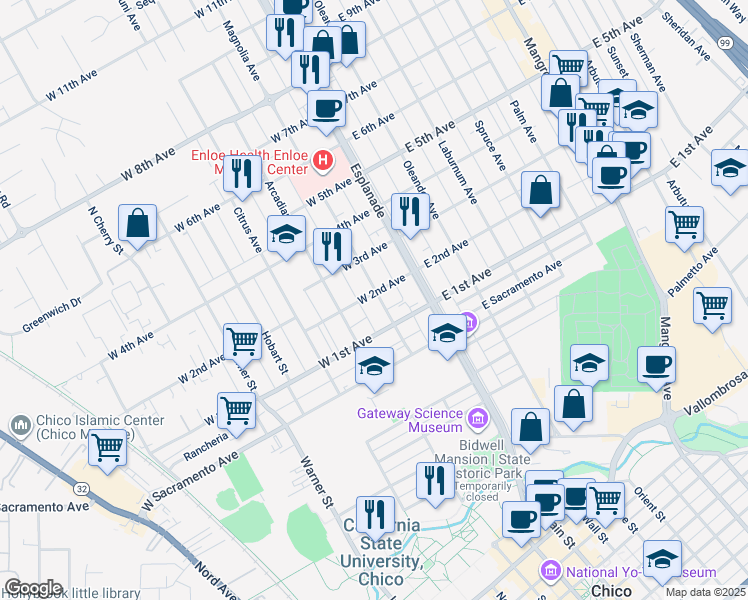 map of restaurants, bars, coffee shops, grocery stores, and more near 1154 Magnolia Avenue in Chico