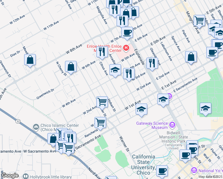 map of restaurants, bars, coffee shops, grocery stores, and more near 1261A Citrus Avenue in Chico