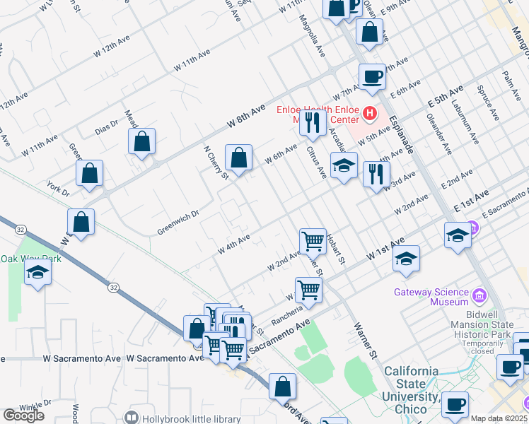 map of restaurants, bars, coffee shops, grocery stores, and more near 1412 North Cherry Street in Chico