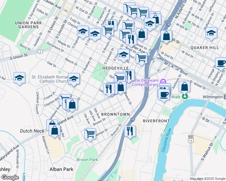 map of restaurants, bars, coffee shops, grocery stores, and more near 1103 Columbia Avenue in Wilmington
