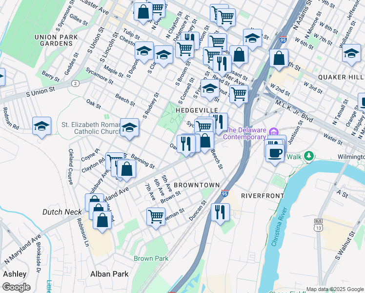 map of restaurants, bars, coffee shops, grocery stores, and more near 735 Warner Street in Wilmington
