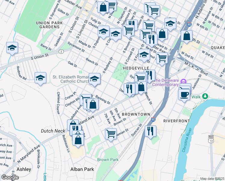 map of restaurants, bars, coffee shops, grocery stores, and more near 810 South Broom Street in Wilmington