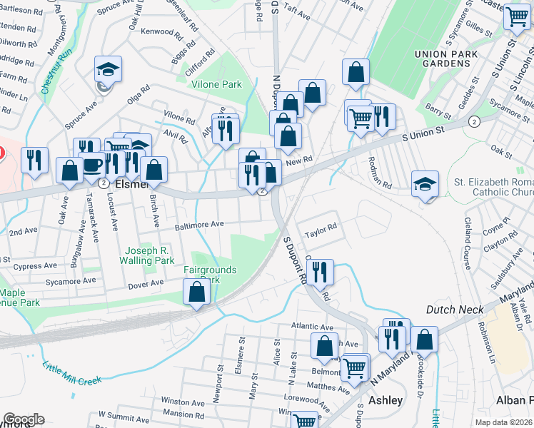 map of restaurants, bars, coffee shops, grocery stores, and more near 108 South Dupont Road in Elsmere