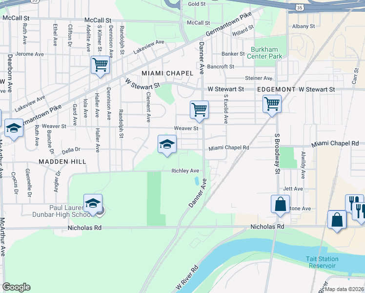 map of restaurants, bars, coffee shops, grocery stores, and more near 1647 Miami Chapel Road in Dayton