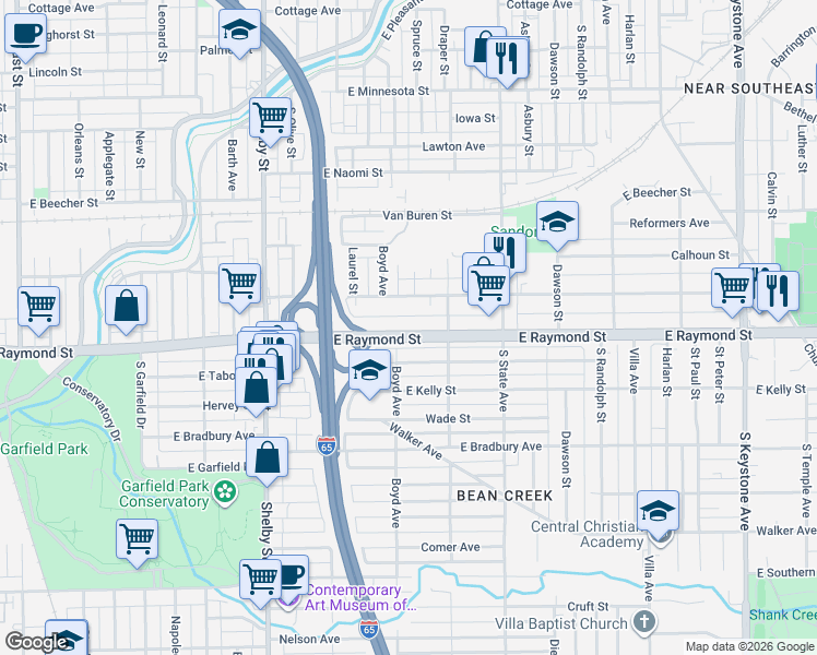 map of restaurants, bars, coffee shops, grocery stores, and more near 1450 East Raymond Street in Indianapolis