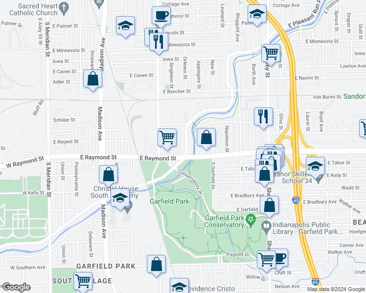 map of restaurants, bars, coffee shops, grocery stores, and more near 718 East Pleasant Run Parkway North Drive in Indianapolis