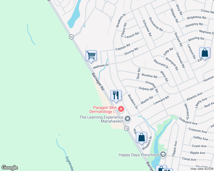 map of restaurants, bars, coffee shops, grocery stores, and more near 136 Gaff Road in Stafford Township