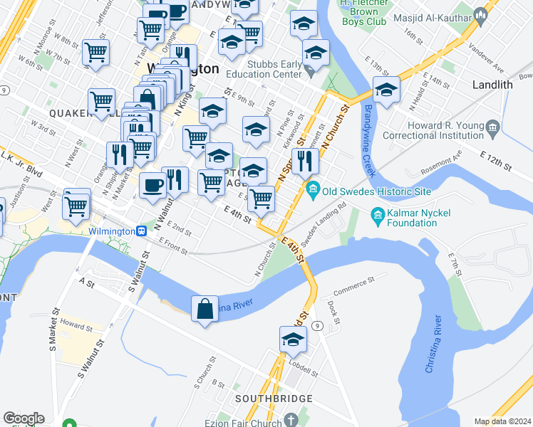 map of restaurants, bars, coffee shops, grocery stores, and more near 424 North Spruce Street in Wilmington